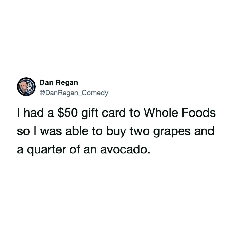 A text tweet poking fun at high grocery prices for avocados at premium supermarkets.