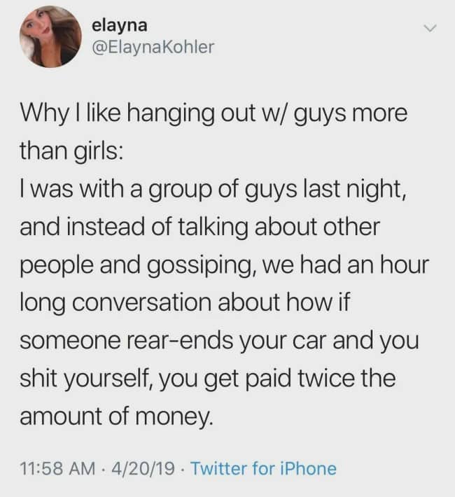 A Twitter post about an hour-long conversation regarding car accident settlements and soiled pants.