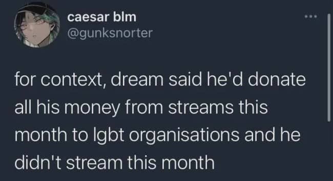 A Twitter post explaining how a streamer named Dream avoided donating to charity by not streaming.