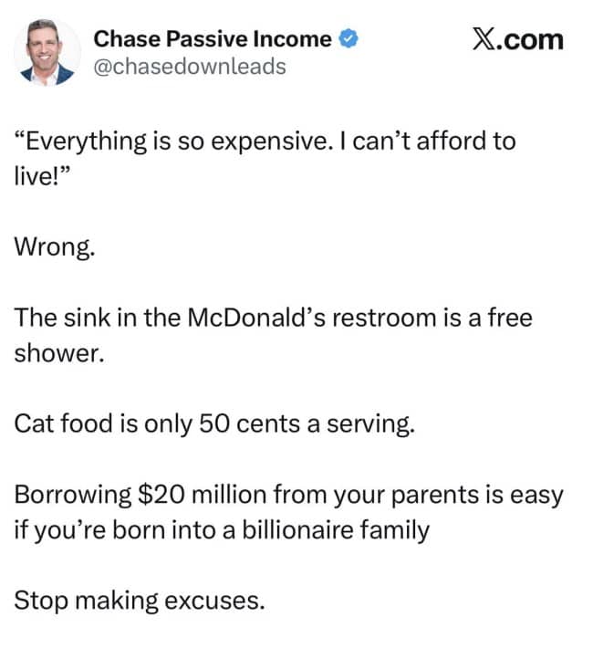 An X post detailing absurd and satirical passive income life hacks like using McDonald's sinks.