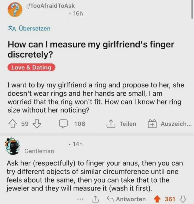 A Reddit post screenshot with a deeply bizarre and inappropriate advice comment on ring sizes
