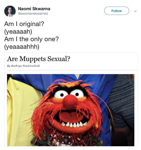 Part of a collection of the best memes, this text post hilariously overlays iconic Backstreet Boys pop lyrics directly onto a serious cultural commentary headline asking "Are Muppets Sexual?" alongside a picture of Animal.