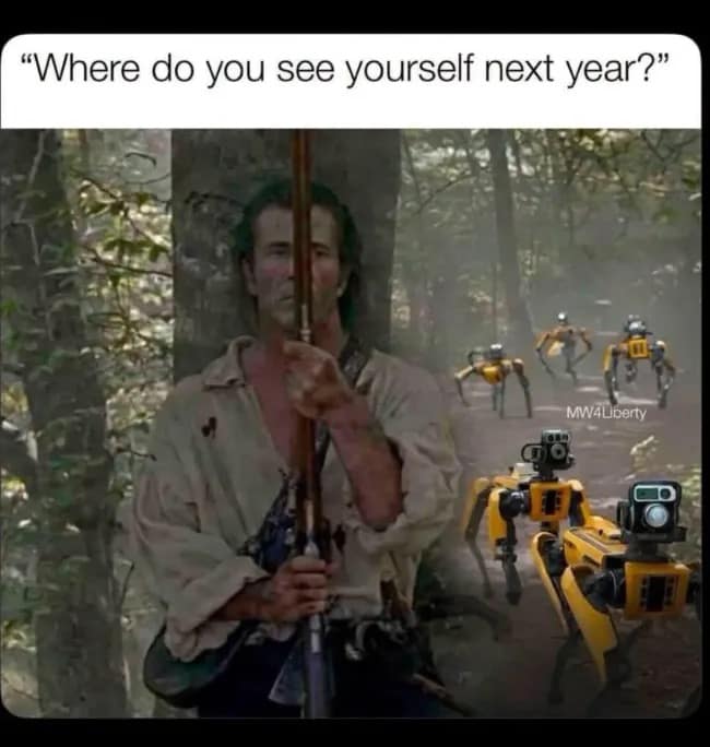 A dystopian future projection entry in the best memes library overlays a standard text prompt about next-year career goals onto a photo of Mel Gibson in The Patriot hiding behind a forest tree as automated Boston Dynamics robotic dogs patrol the trail right behind him.