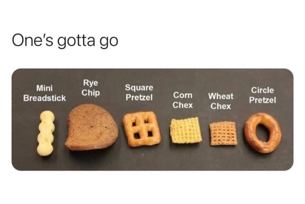 A contentious food debate post from the best memes collection displays a lineup of six individual snack mix pieces—mini breadstick, rye chip, square pretzel, corn chex, wheat chex, circle pretzel—captioned "One's gotta go."