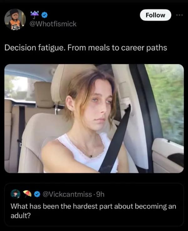 This highly accurate adulting layout in the best memes archive features a dead-eyed woman spacing out behind the steering wheel of her car, captioned with the overwhelming toll of daily decision fatigue.