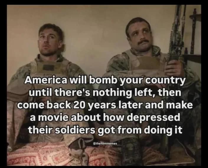 A sharp cinematic parody entry in this best memes rollout displays two exhausted, armor-clad soldiers under text detailing the repetitive cycle of military operations followed decades later by Hollywood trauma movies.