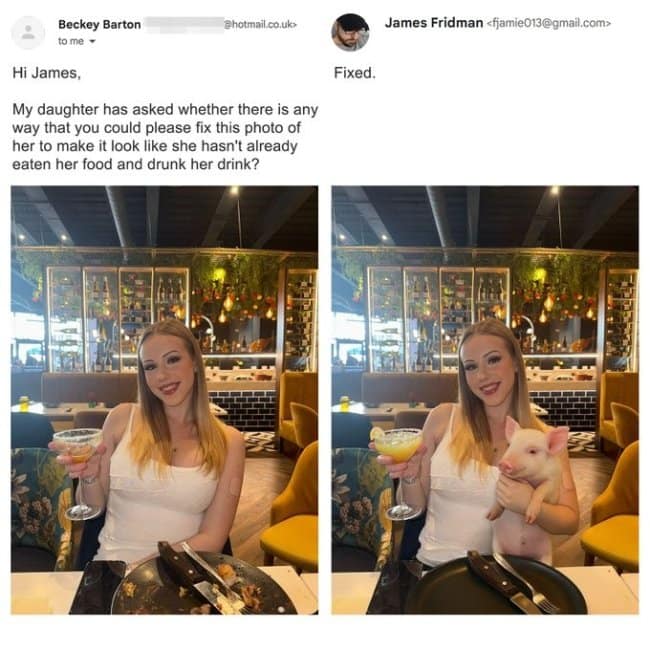 A brilliant funny meme edit shows a restaurant diner who wanted to look like she hadn't finished her meal yet, resulting in her empty plate being replaced by an adorable live baby piglet.
