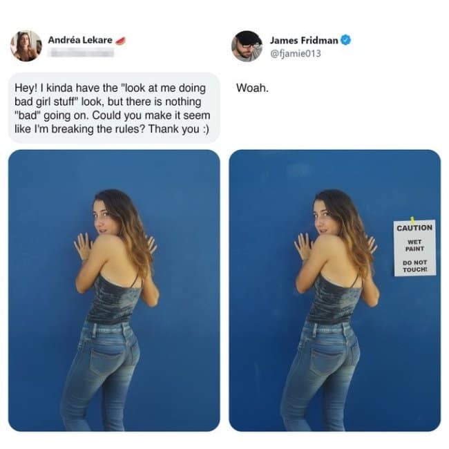 A text request for a "bad girl rule-breaking" look answered by a best of James Fridman photoshop twist that adds a "Wet Paint" sign directly next to her hands resting on the wall.