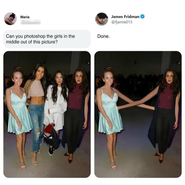 This funny meme template shows a group photo request to remove the two middle friends, resulting in the remaining two women having absurdly long, stretched-out cartoon arms to bridge the gap.