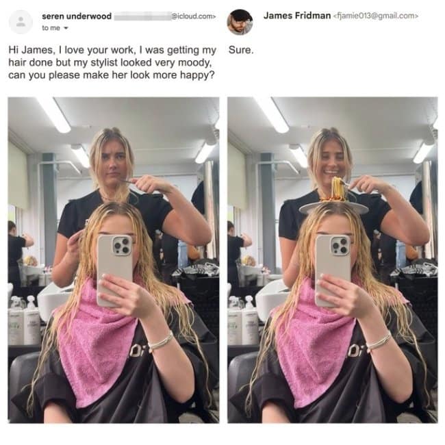 An entry from the best of James Fridman photoshop chronicles where a request to make a moody hairstylist look happy results in her smiling while serving a hot plate of spaghetti on the client's head.