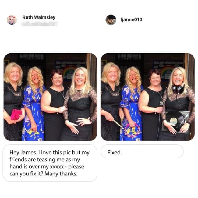 A clever funny meme edit fixes an awkward hand placement by completely transforming a group of dressed-up friends into a musical band holding drumsticks, a microphone, and a vinyl record player.