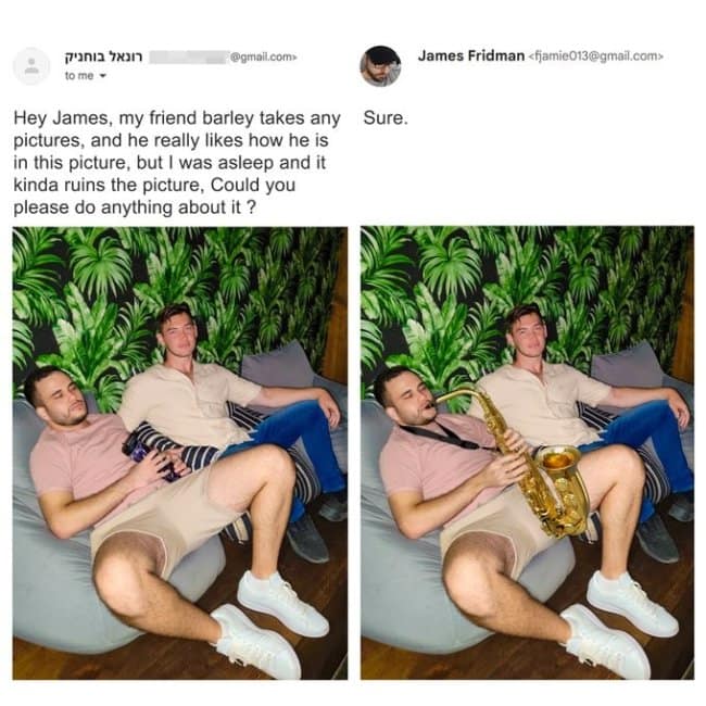 A legendary funny meme edits a sleeping friend resting on a beanbag chair into a passionate musician ripping a live, high-octane saxophone solo.