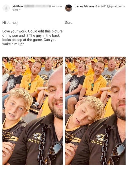 A viral funny meme by James Fridman where a dad asks to wake up a guy sleeping in the stadium bleachers, causing the background fan to stare wide-eyed while the man's young son in front falls fast asleep.
