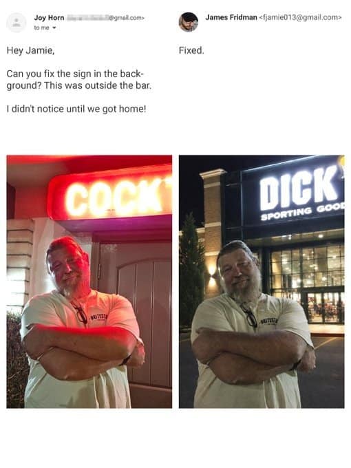 An amusing showcase from the best of James Fridman photoshop collection fixes an accidentally suggestive neon bar sign by swapping it entirely for a massive Dick's Sporting Goods storefront logo.
