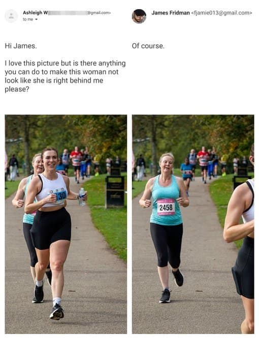 A hilarious funny meme showing a marathon runner requesting to remove the person trailing closely behind her, leading to the requester being cropped completely out of the frame instead.