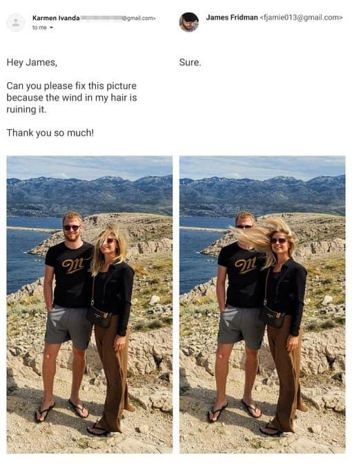 A classic funny meme edit showing a scenic cliffside couple photo where a request to fix wind-blown hair results in her hair mass completely blinding her partner's face.