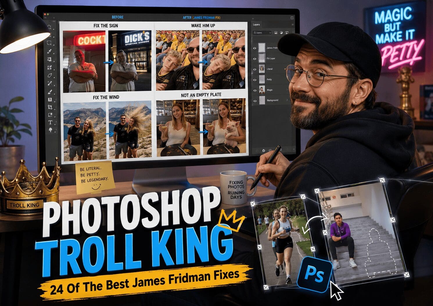 A massive best of James Fridman photoshop anthology collecting viral design pranks, highlighting tall men edited into miniskirts and high heels, a sleeping friend reimagined as a passionate saxophone player, and a coastal bay completely emptied into a dry desert landscape.