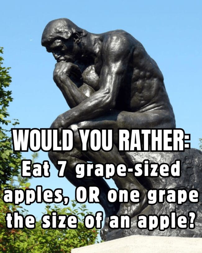 The Thinker statue pondering a size-swap dilemma between grape-sized apples and an apple-sized grape.