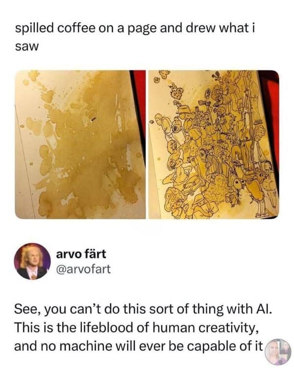 Spill of coffee on paper transformed into intricate doodle of a dense crowd of people.