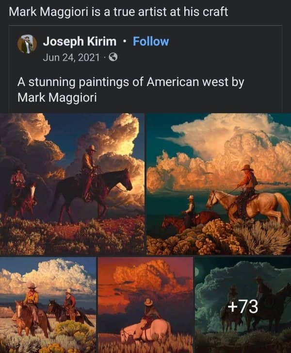 Multiple cinematic oil paintings by Mark Maggiori showcasing cowboys riding horses beneath massive, dramatic clouds.