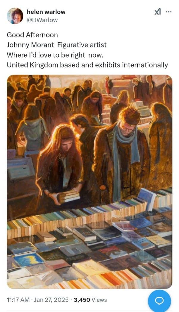 Johnny Morant oil painting depicting a warm, sunlit crowd of people browsing an outdoor bookstall.