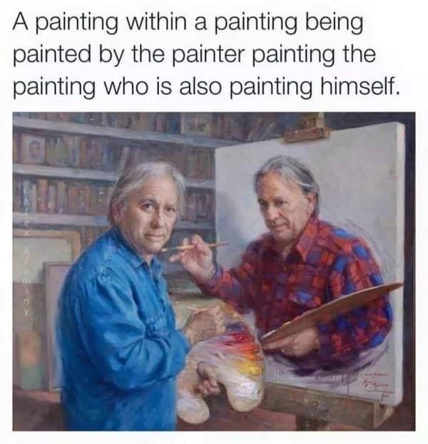 Surreal painting by Alex Alemany showing an artist painting himself while his reflection paints him back.