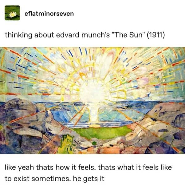 Edvard Munch painting titled The Sun showing vibrant, chaotic rays of light exploding over a coast.