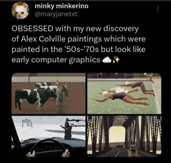 Four surrealist paintings by Alex Colville resembling low-polygon early 3D computer graphics from a video game.