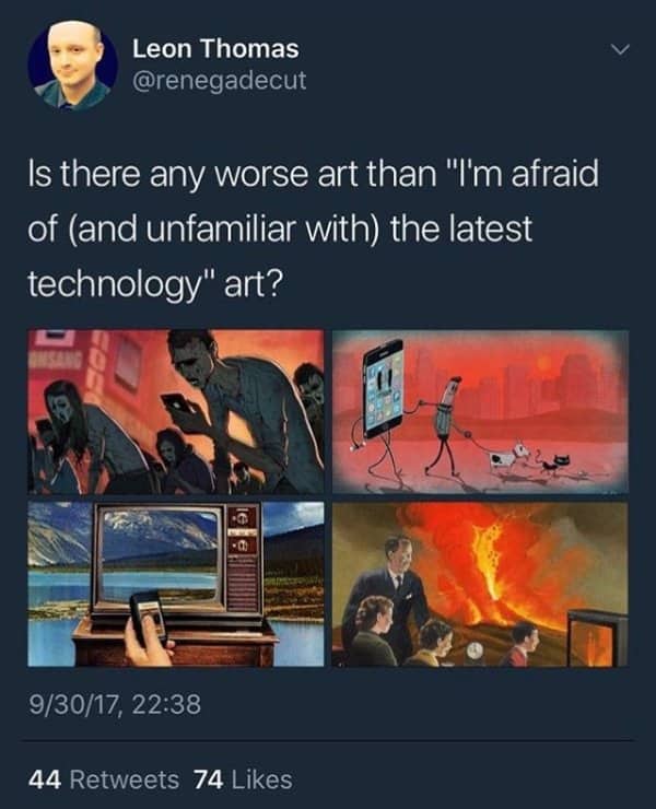 Four satirical illustrations critiquing modern technology usage and smartphone addiction in a dramatic tone.