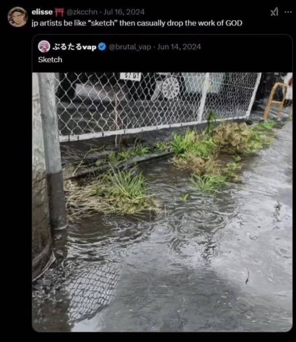 Incredibly detailed digital illustration of a rainy street puddle and wire fence labeled as a sketch.