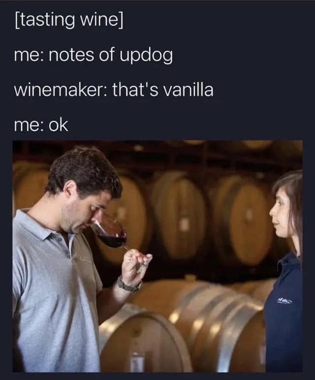 A text-based classic meme depicting a wine-tasting conversation where the taster mentions "notes of updog," only to be flatly shut down by the winemaker.