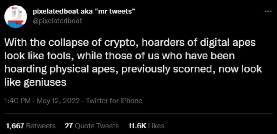This sharp classic meme presents a text tweet by pixelatedboat joking about hoarding physical apes instead of digital crypto NFTs.