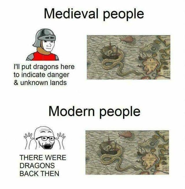 This historical classic meme uses Wojak and Soyjak illustrations to mock how modern internet communities completely misinterpret medieval map drawings.