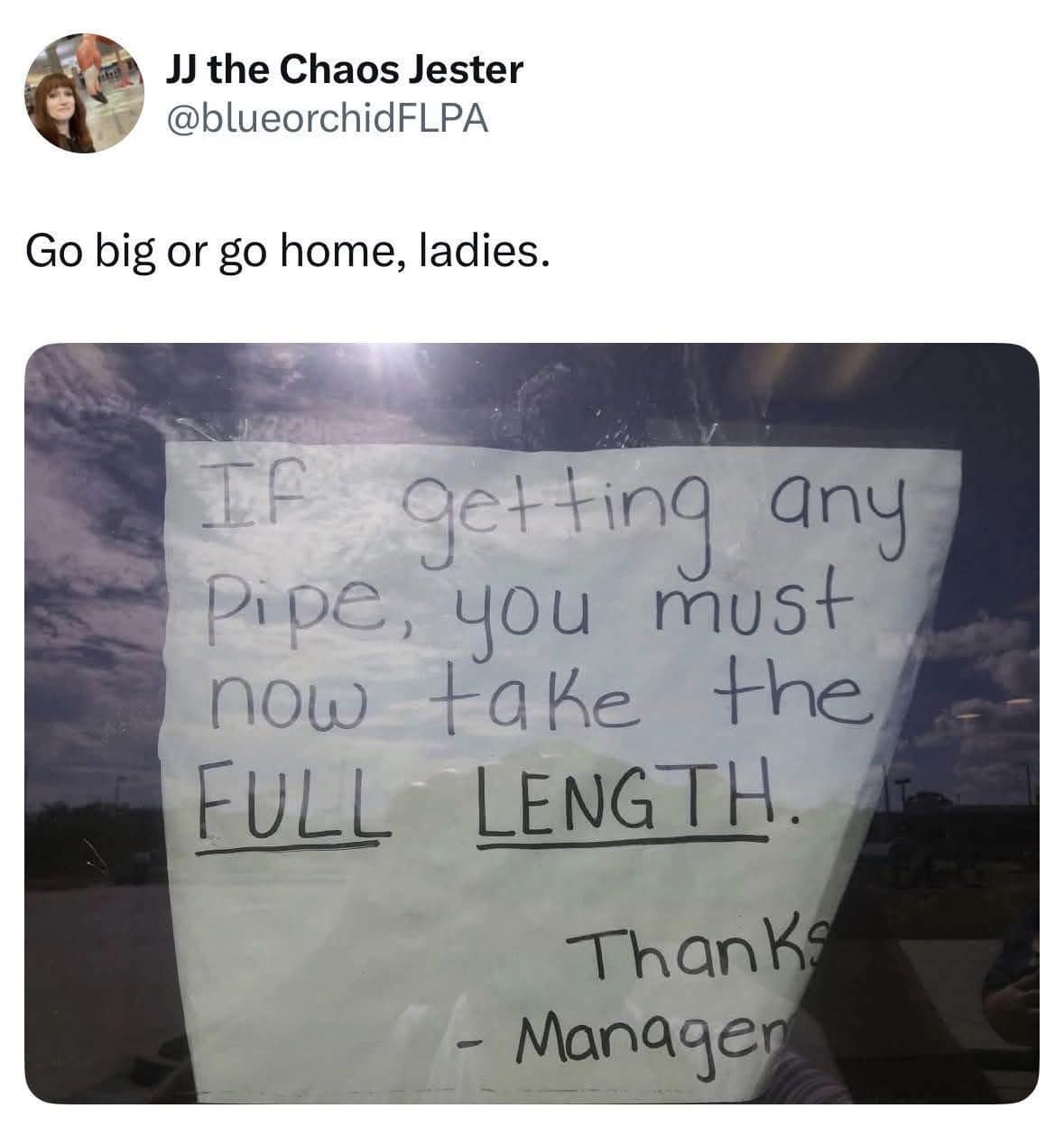 An innuendo-filled classic meme highlights a poorly phrased workplace notice about taking full lengths of pipe, posted by an oblivious manager.