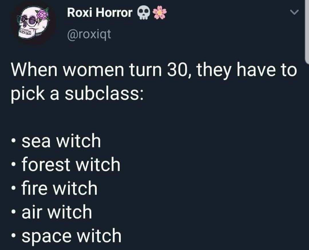This entertaining classic meme features a viral text tweet sorting women into distinct RPG-style witch subclasses once they hit their thirties.