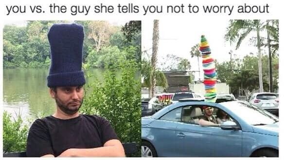 The infamous "you vs the guy she tells you not to worry about" format acts as a classic meme featuring Ethan Klein wearing a towering stack of colorful beanies.