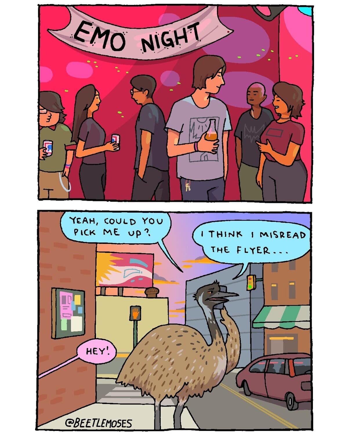 A colorful webcomic transformed into a classic meme showing an awkward emu standing on a city street calling for a ride home after completely misreading a flyer for "Emo Night."