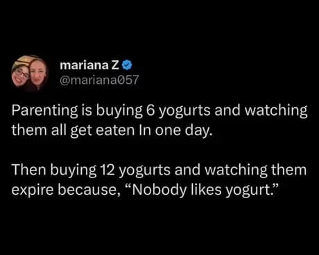 A true-to-life parenting text tweet stands as a classic meme exploring the frustratingly unpredictable yogurt preferences of young children.
