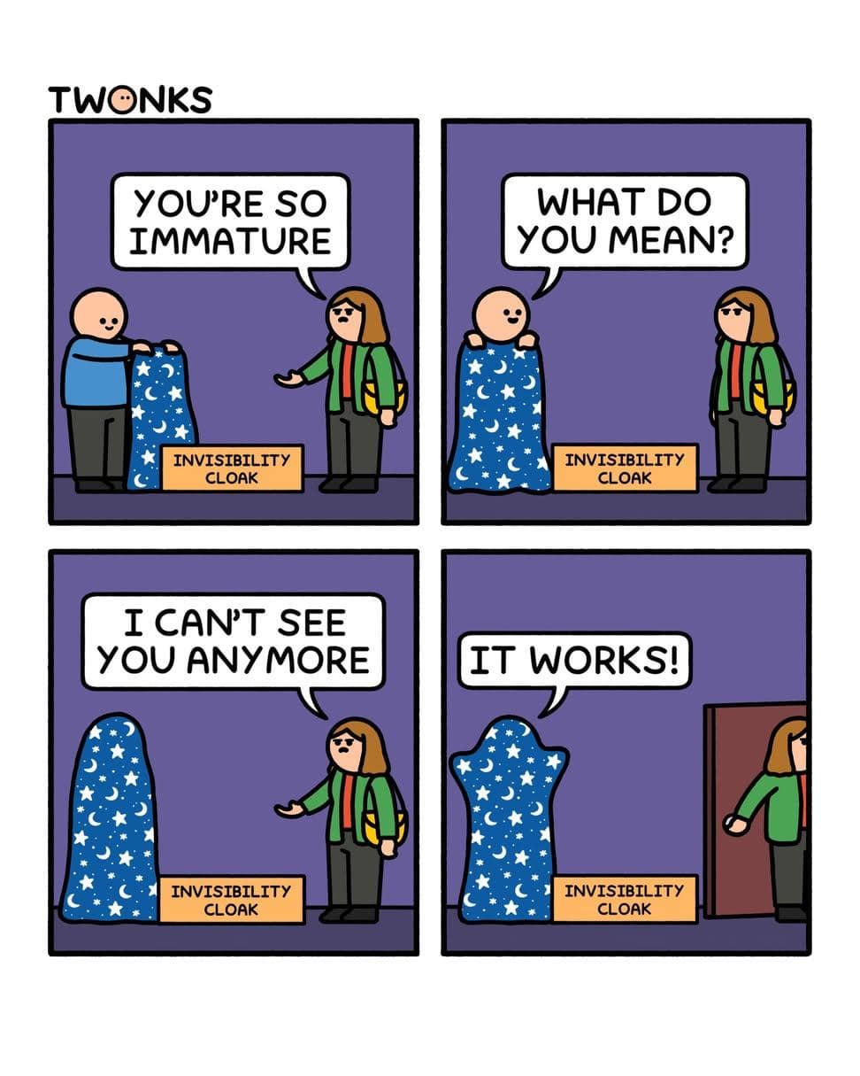 A multi-panel comic strip acting as a classic meme where a girl calls a guy immature, prompting him to hide completely under a star-patterned "invisibility cloak" until she leaves.