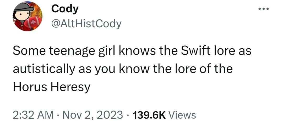 An observational text tweet acting as a classic meme that perfectly equates the deep, hyper-fixated lore of pop star fandoms to the staggeringly complex fictional history of Warhammer 40k's Horus Heresy.