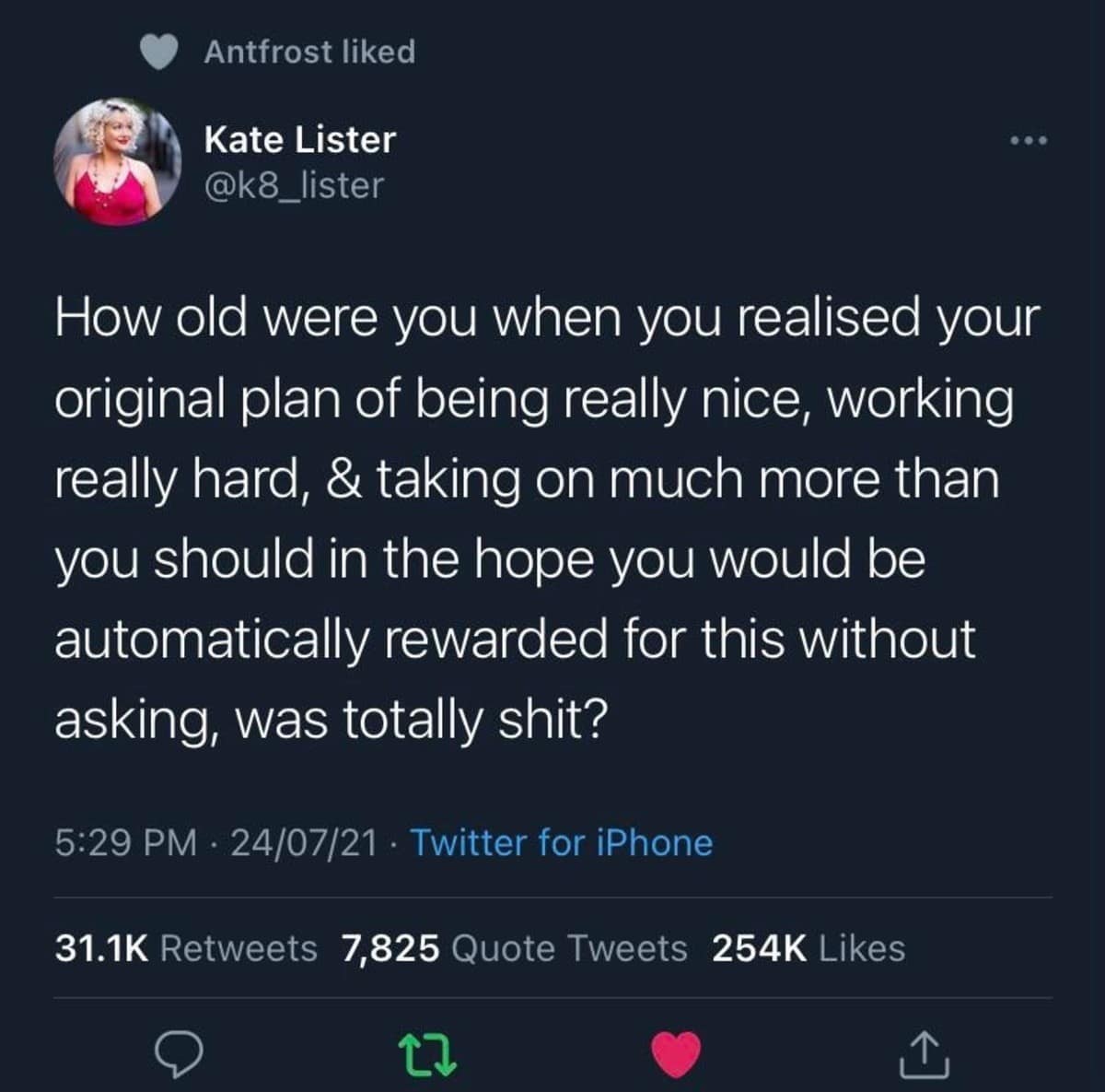 A sobering career reality text tweet included as a classic meme asking readers when they realized that working extra hard without asking for rewards was a flawed life strategy.