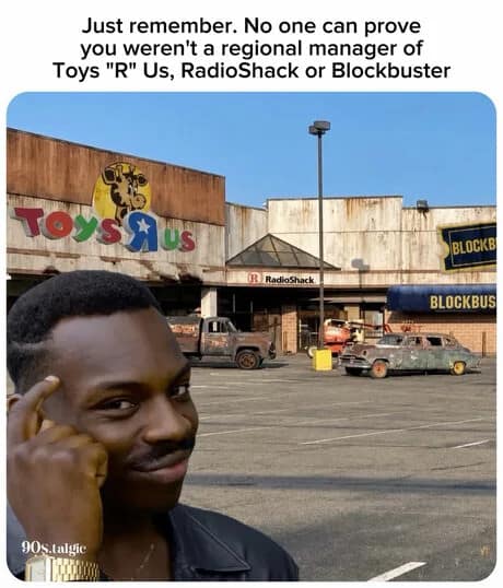 An iconic "Roll Safe" old meme format placed in front of an abandoned strip mall featuring Toys "R" Us and Blockbuster, suggesting people fake resume experience as regional managers of bankrupt companies.
