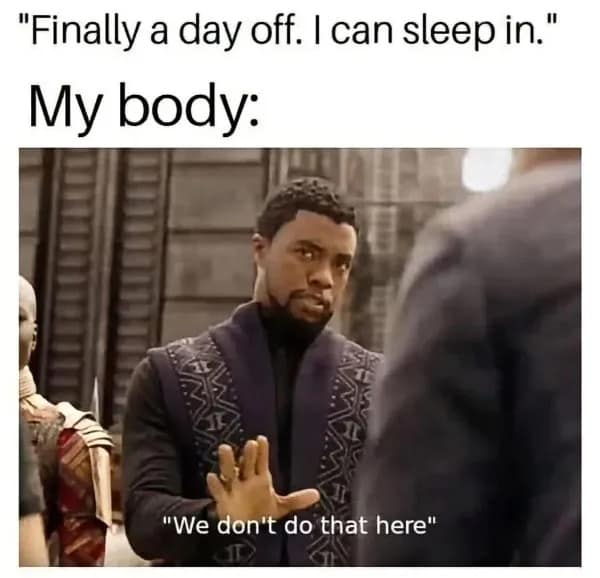 An iconic Marvel cinematic classic meme template featuring Black Panther raising his hand to say "We don't do that here," reacting to someone planning to sleep in on their day off.