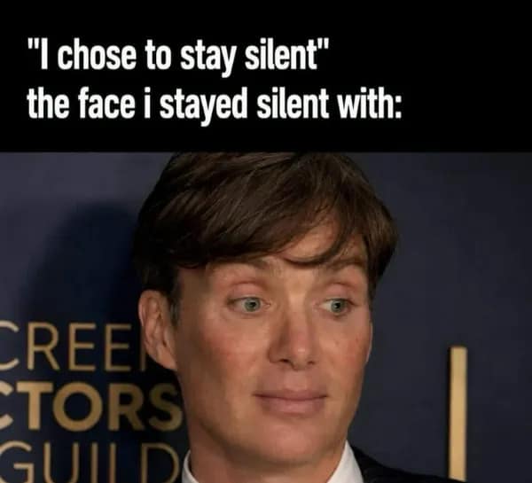 A relatable celebrity reaction classic meme displaying Cillian Murphy wearing a deadpan, deeply exhausted expression at an event, illustrating staying silent while radiating pure judgement.