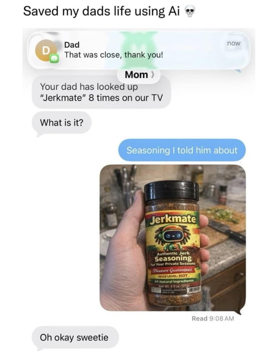 A hilarious text message exchange featured as a classic meme showing a child saving their dad from getting caught by sending a fake product photo of "Jerkmate Authentic Jerk Seasoning."