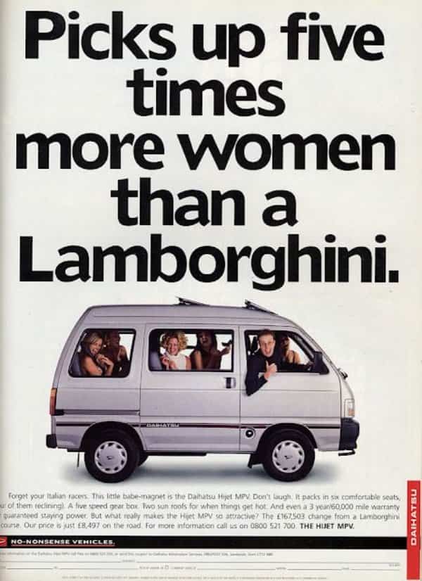 Vintage Daihatsu van creative ad boasting it picks up more women than a Lamborghini.