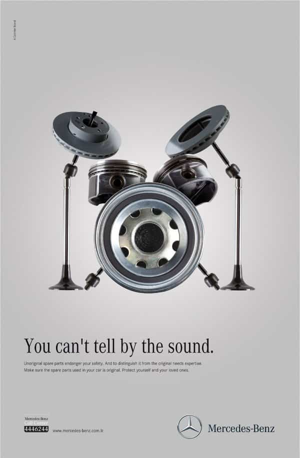 Mercedes-Benz creative ad assembling vehicle spare parts into a realistic drum set design.