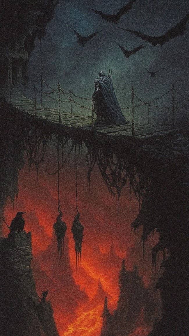 Lone knight in armor standing on a crumbling rope bridge over a fiery red lava cavern filled with bats.