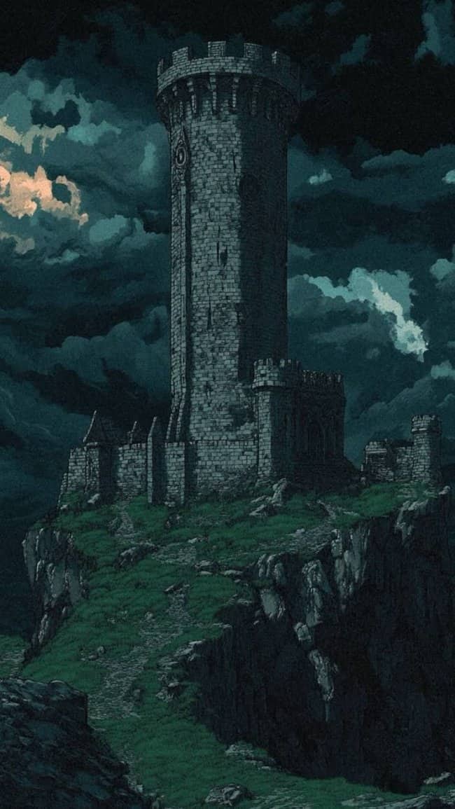 Tall stone medieval watchtower built on a grassy green cliff under a dark cloudy night sky.