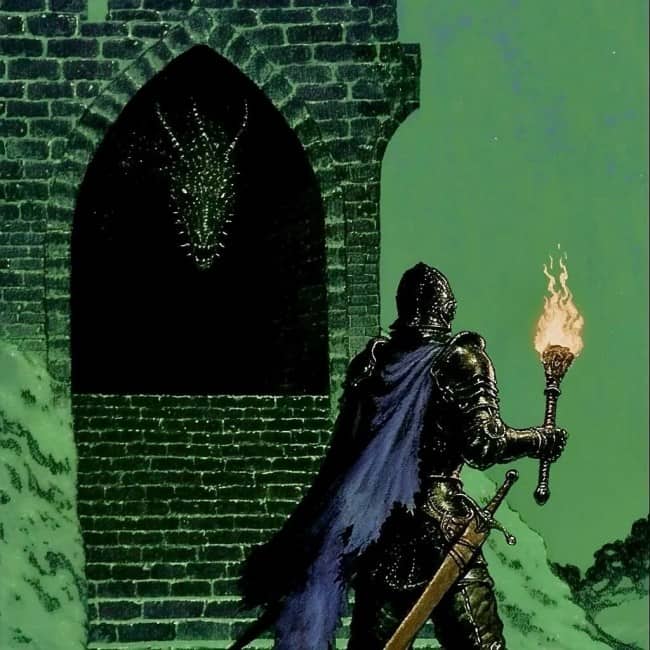 Armored knight with a burning torch looking up at a dark stone archway containing a hidden dragon.